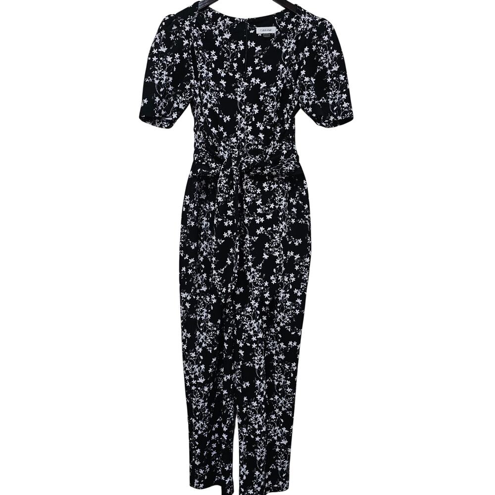 Calvin Klein Floral Monochrome Cottagecore Tie Waist Jumpsuit Size 7 - Picture 7 of 8